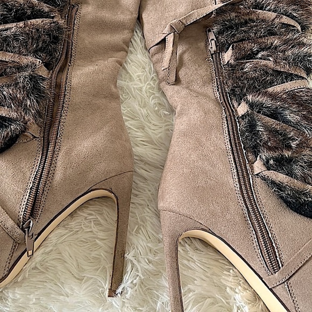 Suede Light Taupe Lace Up Faux Fur Boots - Picture 14 of 17